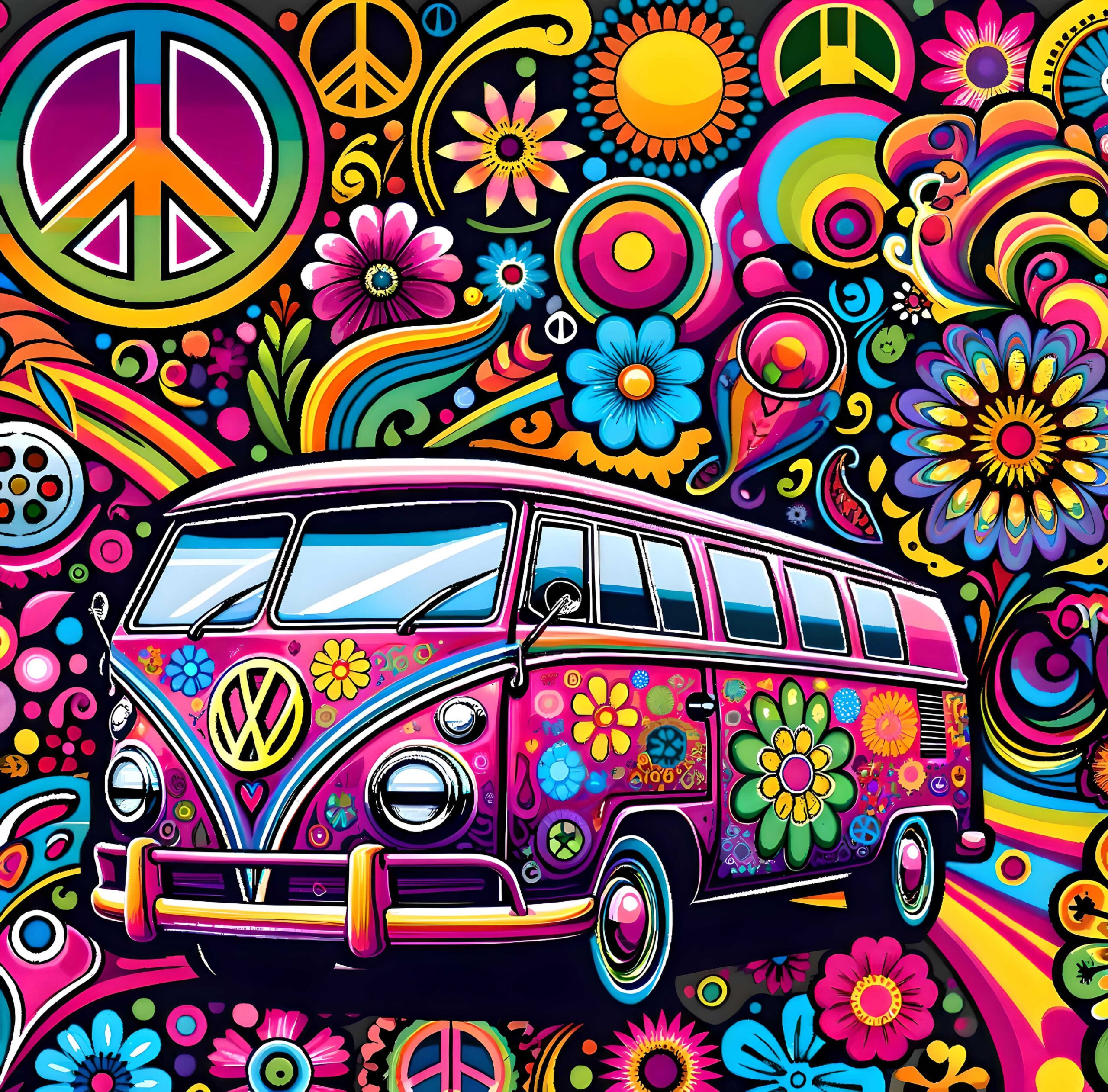 Volkswagen van with colorful flower patterns and peace symbols