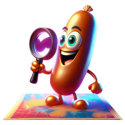 hotdog standing on map with magnifying glass